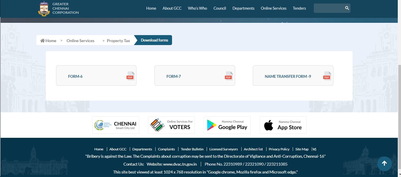 Property tax Chennai: Download forms