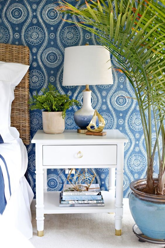 Blue colour bedroom with wallpapers  