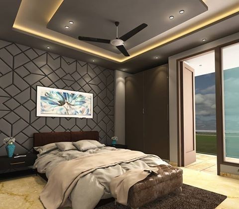 Eye -catchy grey false ceiling design for bedroom with fan