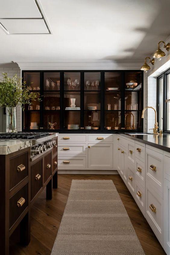 The black and white combination kitchen glass cabinets