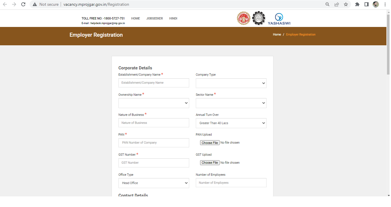 Procedure for applying on the MP Rojgar portal for employers