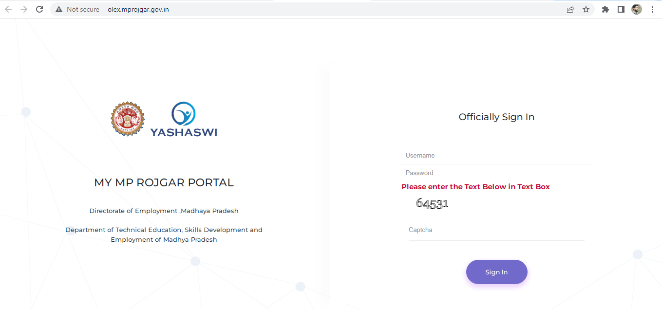 OLEX login process on MP Rojgar portal