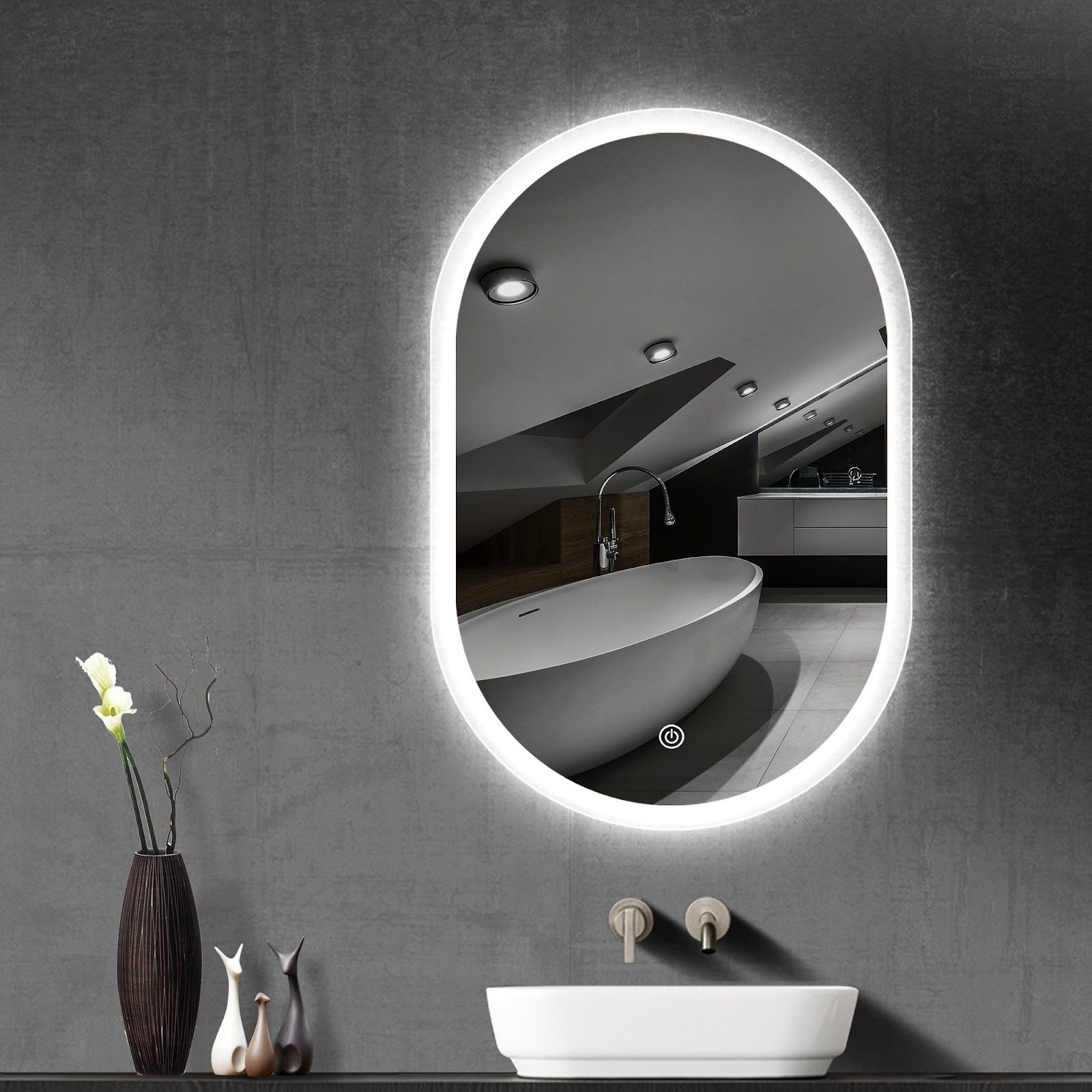 Modern commercial washrooms with a circular mirror in the wall