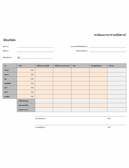 แบบฟอร์มตารางการทํางานประจําวัน excel