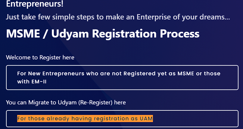 Registration for entrepreneurs already having UAM