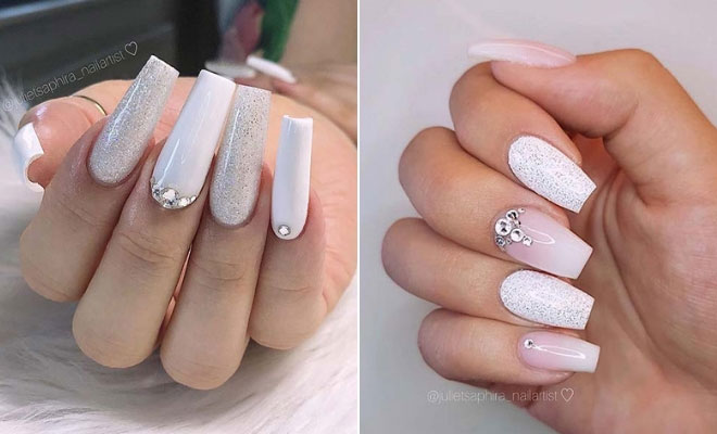 white acrylic nails with diamonds